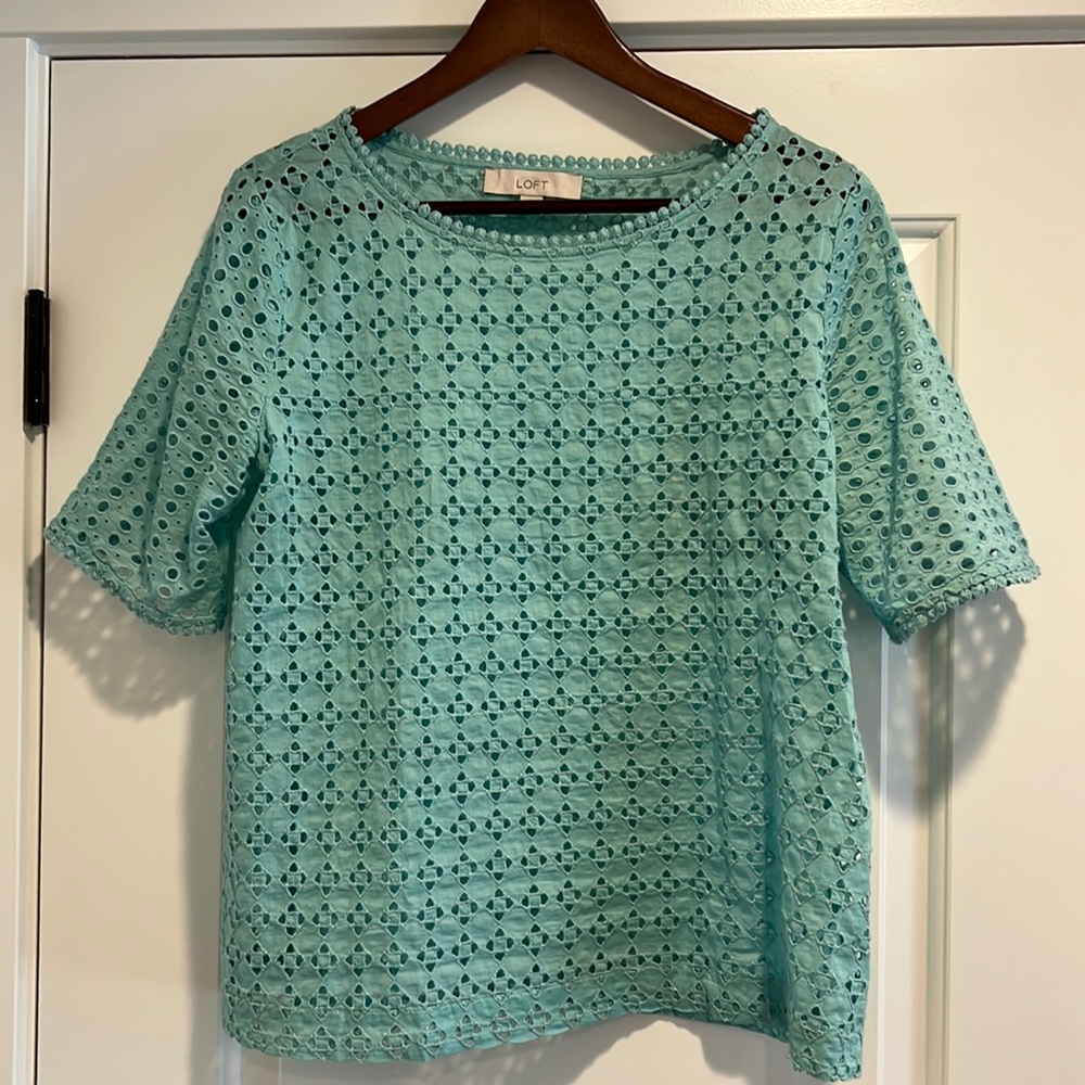 LOFT Aqua eyelet short sleeve boxy shirt, medium
